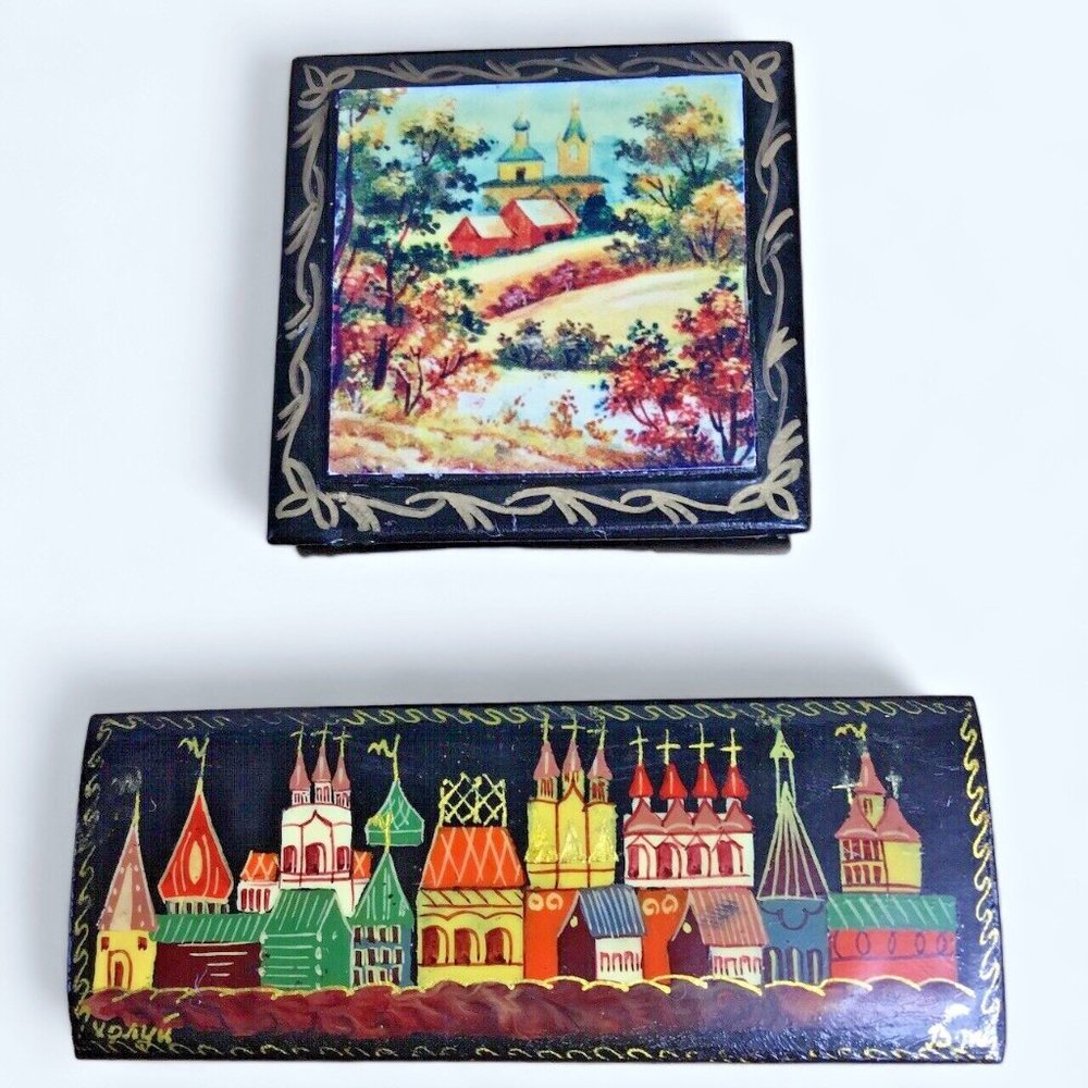 Vintage Russian Lacquer Hand Painted Fairy Tale Hinged Trinket Box Lot of 2